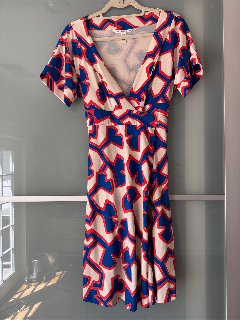 Diane Von Furstenberg Cream, Blue & Red Geometric Wrap Midi Dress